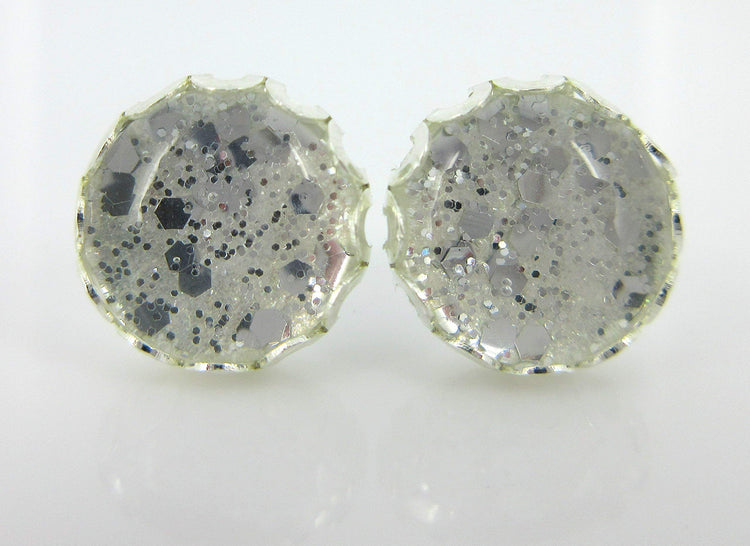 Silver-tone Glitter Glass Stud Earrings Hand-painted 10mm