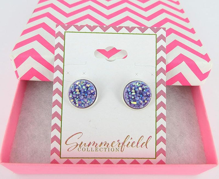 Summerfield Collection Silver-tone Solid AB Faux Druzy Stone Stud Earrings 12mm (Lavender Purple)