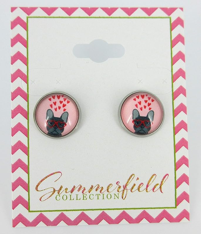 Summerfield Collection Stainless Steel French Bulldog Sunglasses Print Glass Stud Earrings 12mm