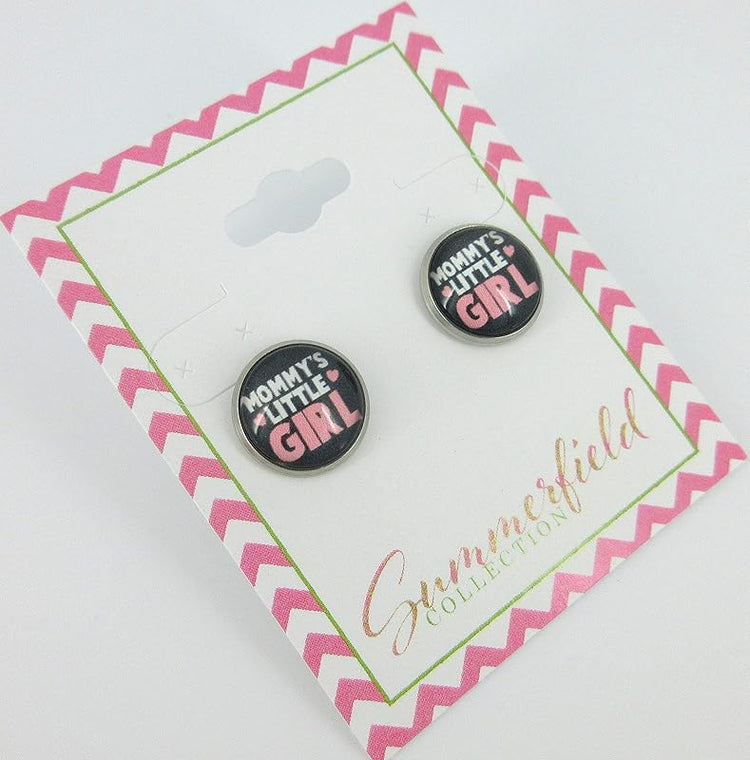 Summerfield Collection Stainless Steel Mommy's Little Girl Print Glass Stud Earrings 12mm