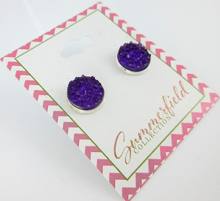 Summerfield Collection Silver-tone Faux Druzy Stone Stud Earrings 12mm (Deep Purple)