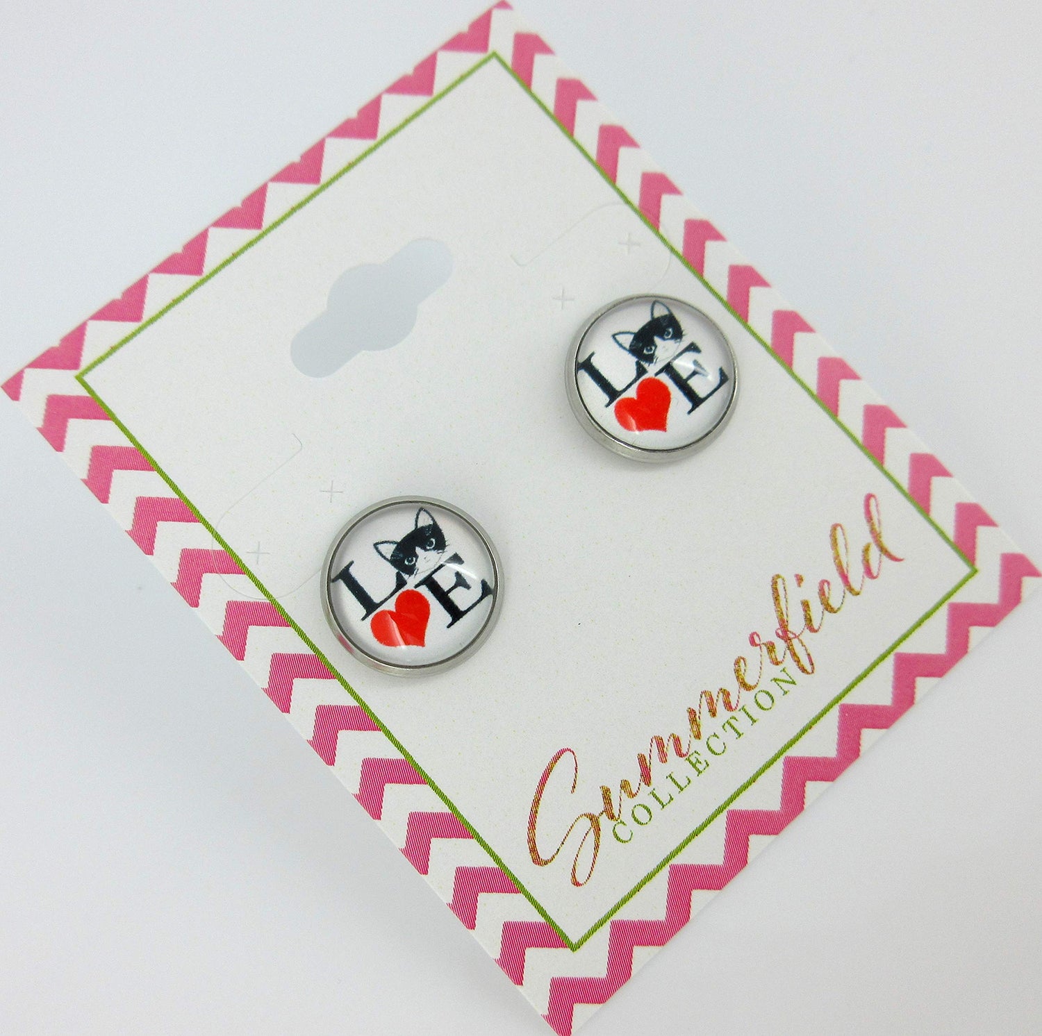 Stainless Steel Love Cats Print Glass Stud Earrings 12mm White Black Red