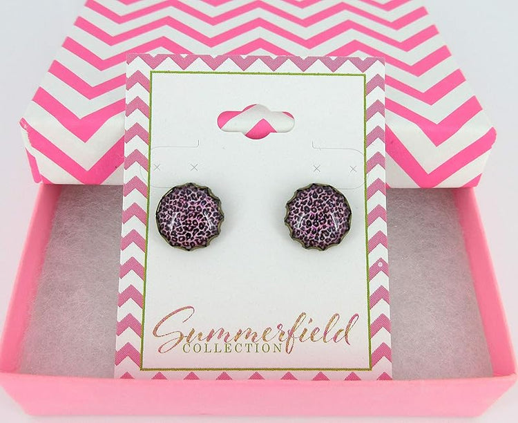 Summerfield Collection Antiqued Gold-tone Animal Print Glass Stud Earrings 12mm (Pink/Purple)