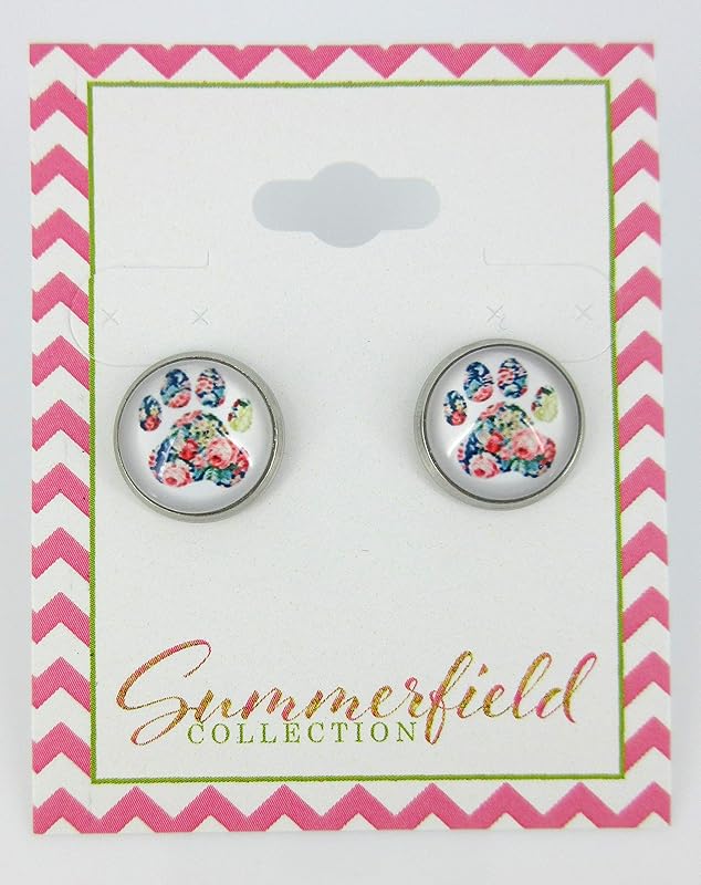 Summerfield Collection Stainless Steel White and Flower Paw Print Glass Stud Earrings 12mm
