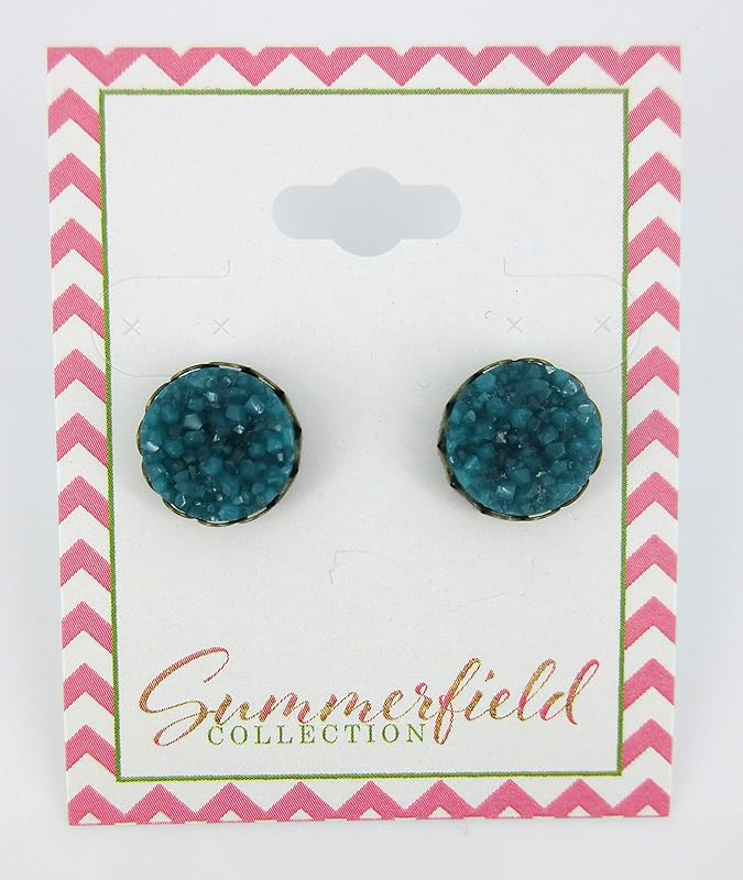 Summerfield Collection Antiqued Gold-tone Faux Druzy Stone Stud Earrings 12mm (Deep Teal Blue/Green)
