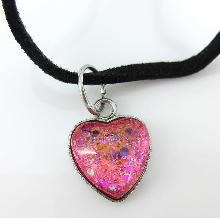 Summerfield Collection Hot Pink Hand-painted Glass Heart Choker Necklace Faux Black Suede Cord Dangle Earrings Set