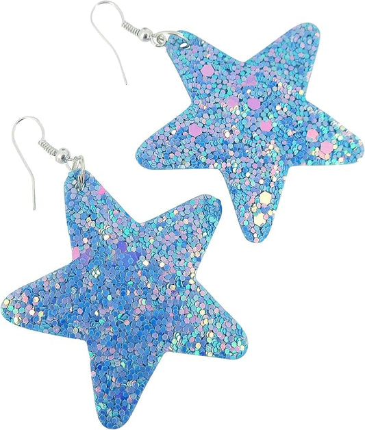 Summerfield Collection Glitter Faux Leather Large Star Dangle Earrings (Sky Blue and AB)