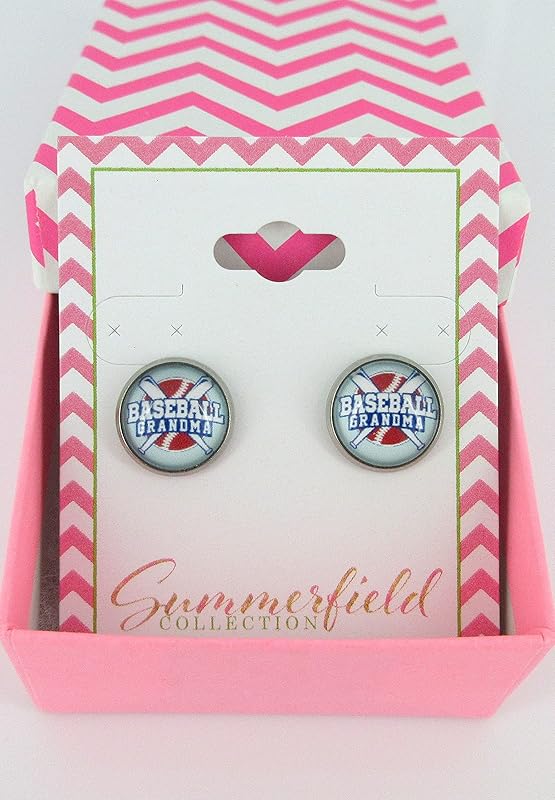 Summerfield Collection Stainless Steel Baseball Grandma Print Glass Stud Earrings 12mm