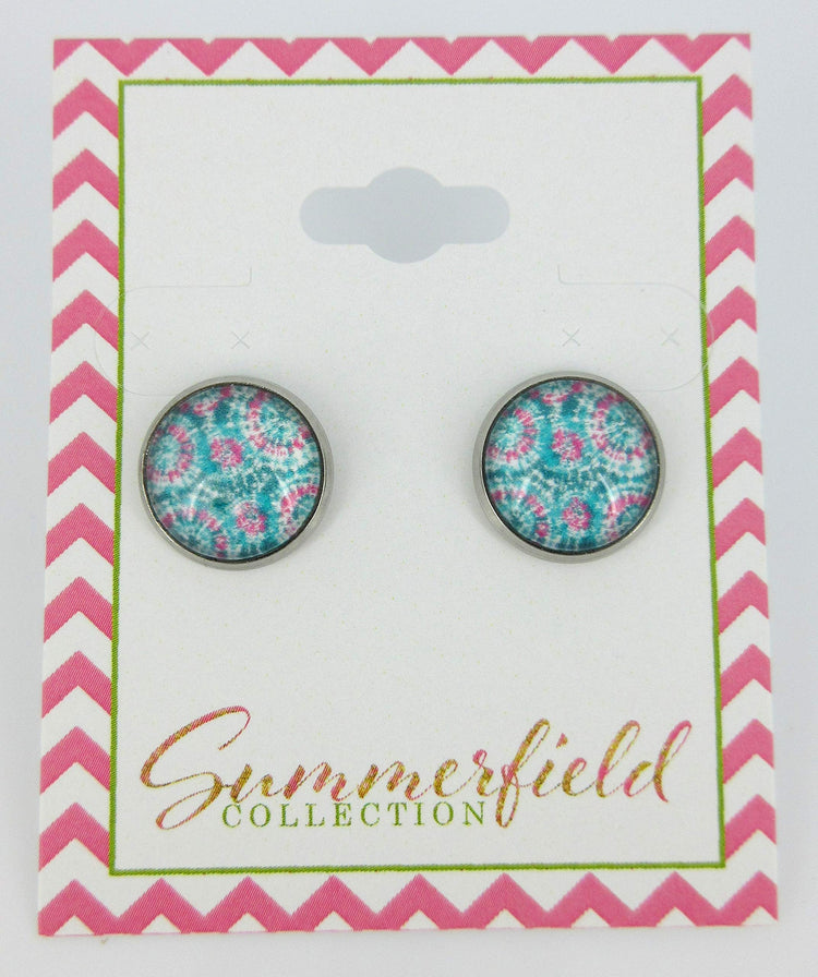 Stainless Steel Tie Dye Print Glass Stud Earrings 12mm (Aqua/Blue/Pink/Green)