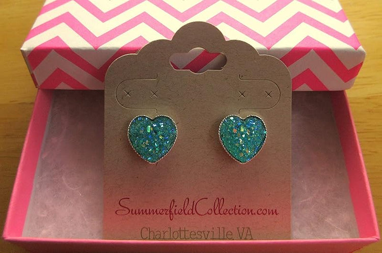 Summerfield Collection Silver-tone Heart Faux Druzy Stone Stud Earrings 12mm (Aqua Blue AB)