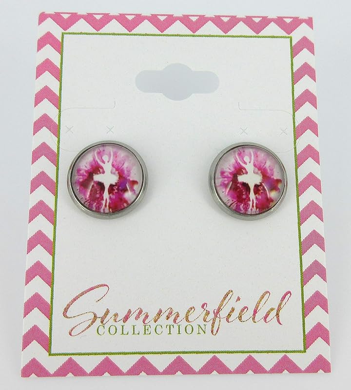 Summerfield Collection Stainless Steel Pink and White Ballet Dancer Printed Glass Stud Earrings 12mm