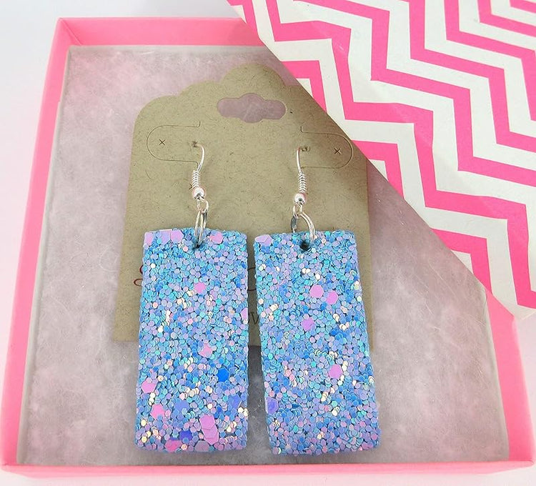 Summerfield Collection Silver-tone Glitter Faux Leather Large Rectangle Dangle Earrings (Sky Blue AB)