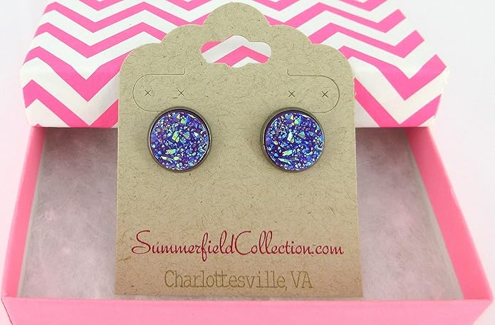 Hematite-tone Faux Druzy Stone Stud Earrings 12mm (Purple AB)