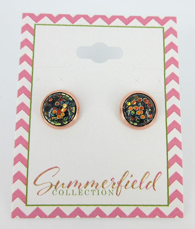 Summerfield Collection Rose Gold-tone Black and Green Iridescent Glitter Resin Stud Earrings 10mm