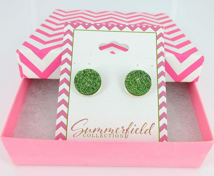 Summerfield Collection Silver-tone Spring Green Glitter Faux Druzy Stone Stud Earrings 12mm