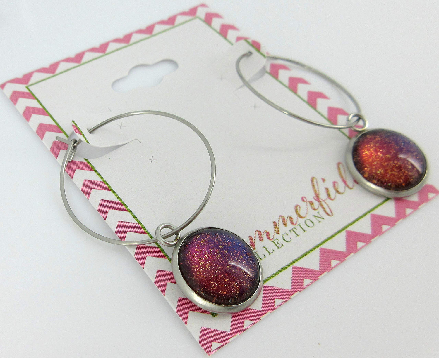 Stainless Steel Blue Red Purple and Gold Glitter Glass Charm Hoop Earrings Hand-painted 1"