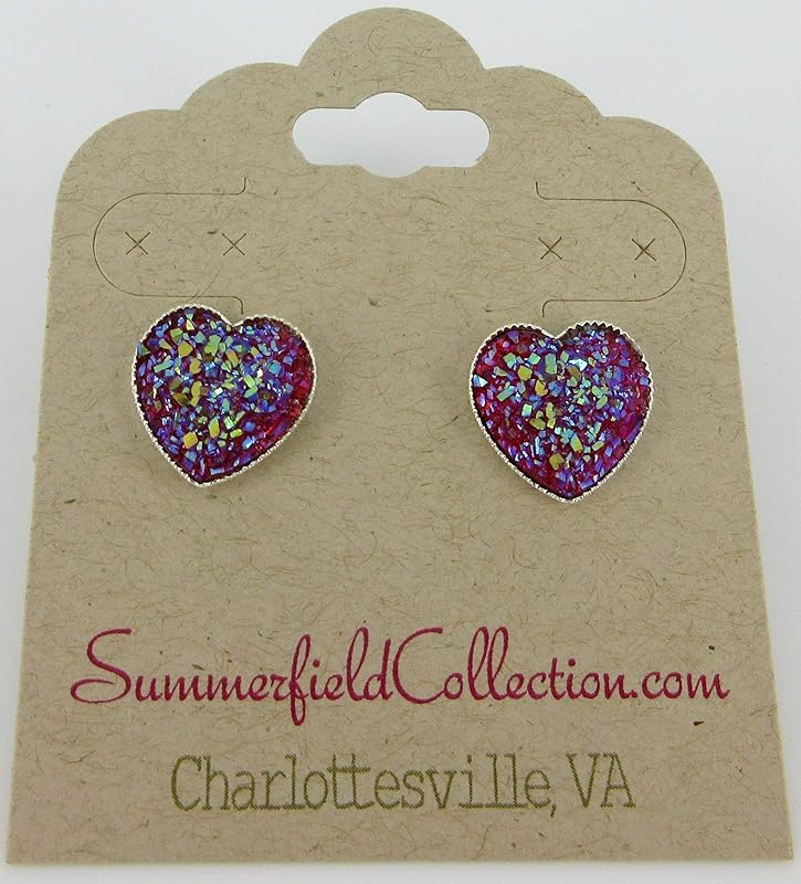 Summerfield Collection Silver-tone Heart Faux Druzy Stone Stud Earrings 12mm (Raspberry Pink AB)