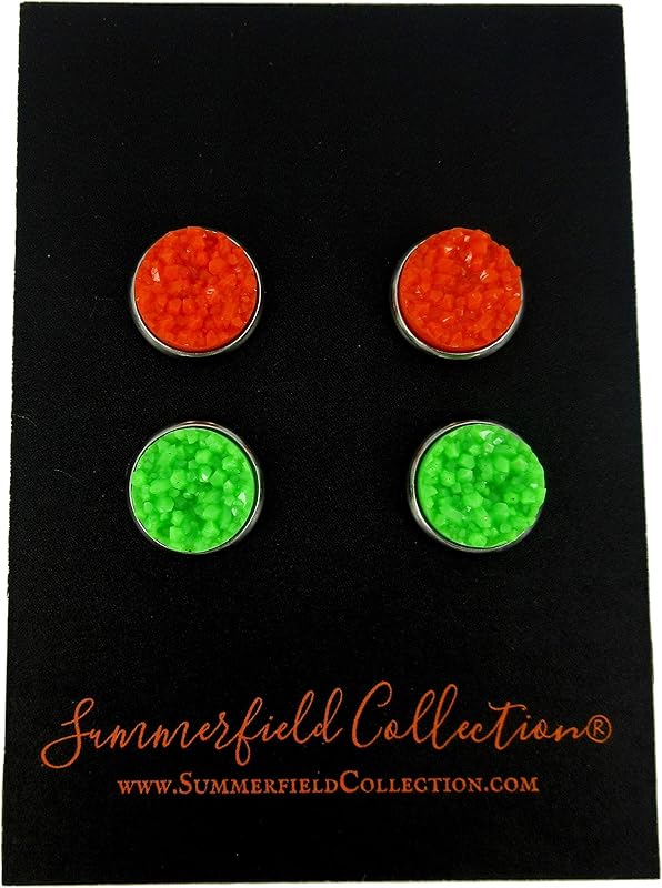 Summerfield Collection Duo Neon Stud Earrings Stainless Steel Faux Druzy Stone 12mm Set (Orange/Green)