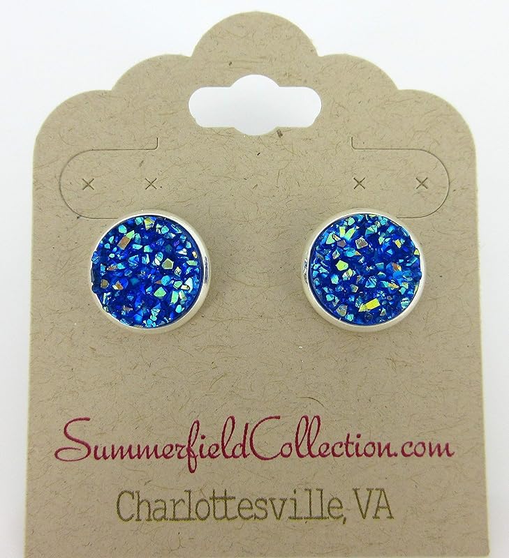 Summerfield Collection Silver-tone Solid AB Faux Druzy Stone Stud Earrings 12mm (Royal Blue)