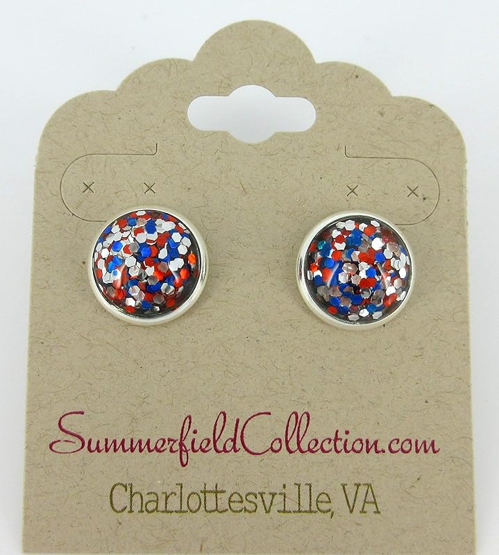 Summerfield Collection Silver-tone Patriotic Glitter Resin Stud Earrings Red Blue USA (12mm)