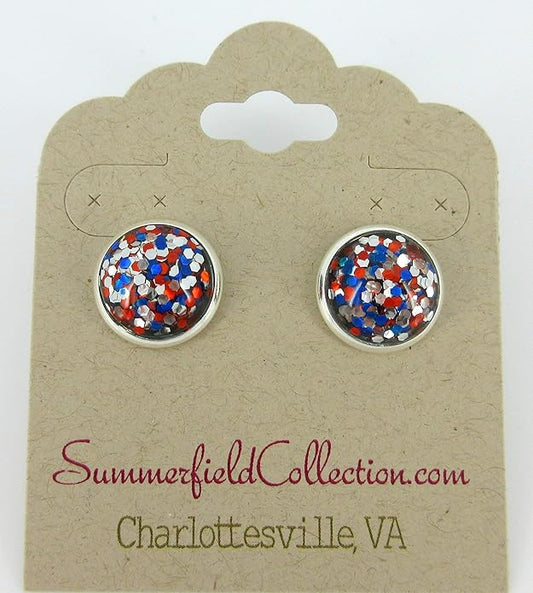 Silver-tone Patriotic Glitter Resin Stud Earrings Red Blue USA