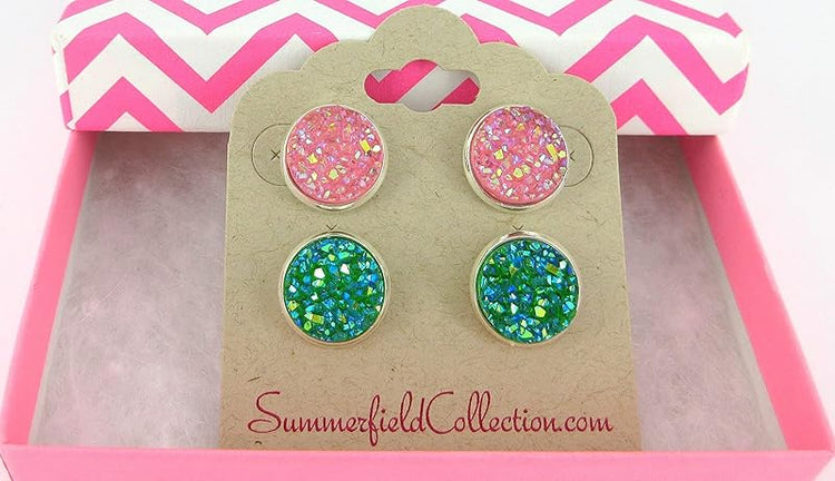 Summerfield Collection Duo Stud Earrings Silver-tone Pink and Green AB Faux Druzy Stone 12mm Set