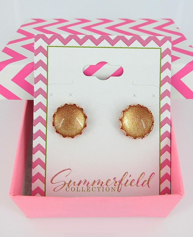 Summerfield Collection Rose Gold-tone Copper Shimmer Glitter Glass Stud Earrings 12mm Hand-painted
