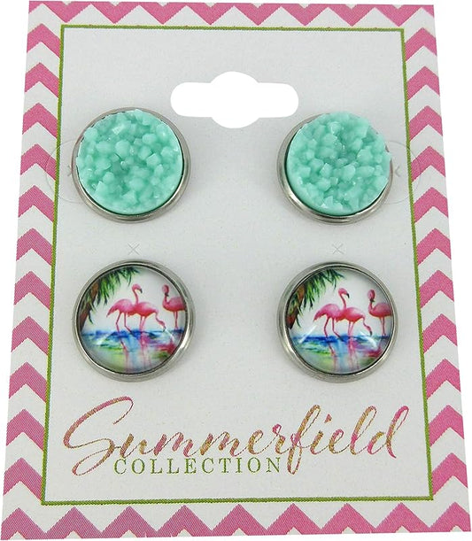 Summerfield Collection Duo Stud Earrings Stainless Steel Sweet Mint Green Faux Druzy Stone and Flamingo Print Glass 12mm Set