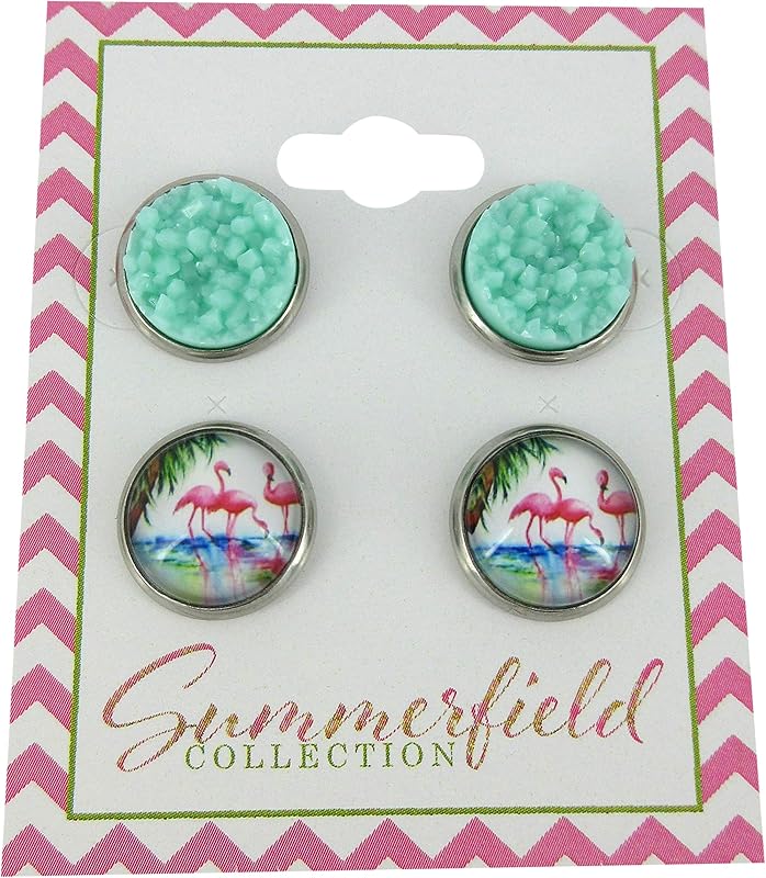 Summerfield Collection Duo Stud Earrings Stainless Steel Sweet Mint Green Faux Druzy Stone and Flamingo Print Glass 12mm Set