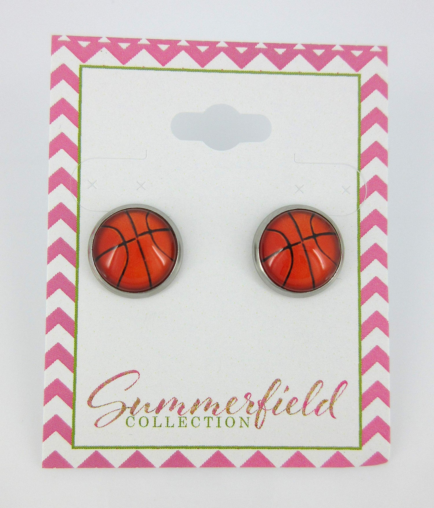Stainless Steel Basketball Print Glass Stud Earrings 12mm