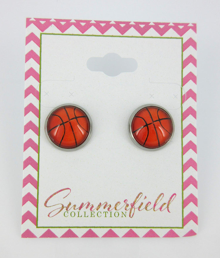 Stainless Steel Basketball Print Glass Stud Earrings 12mm