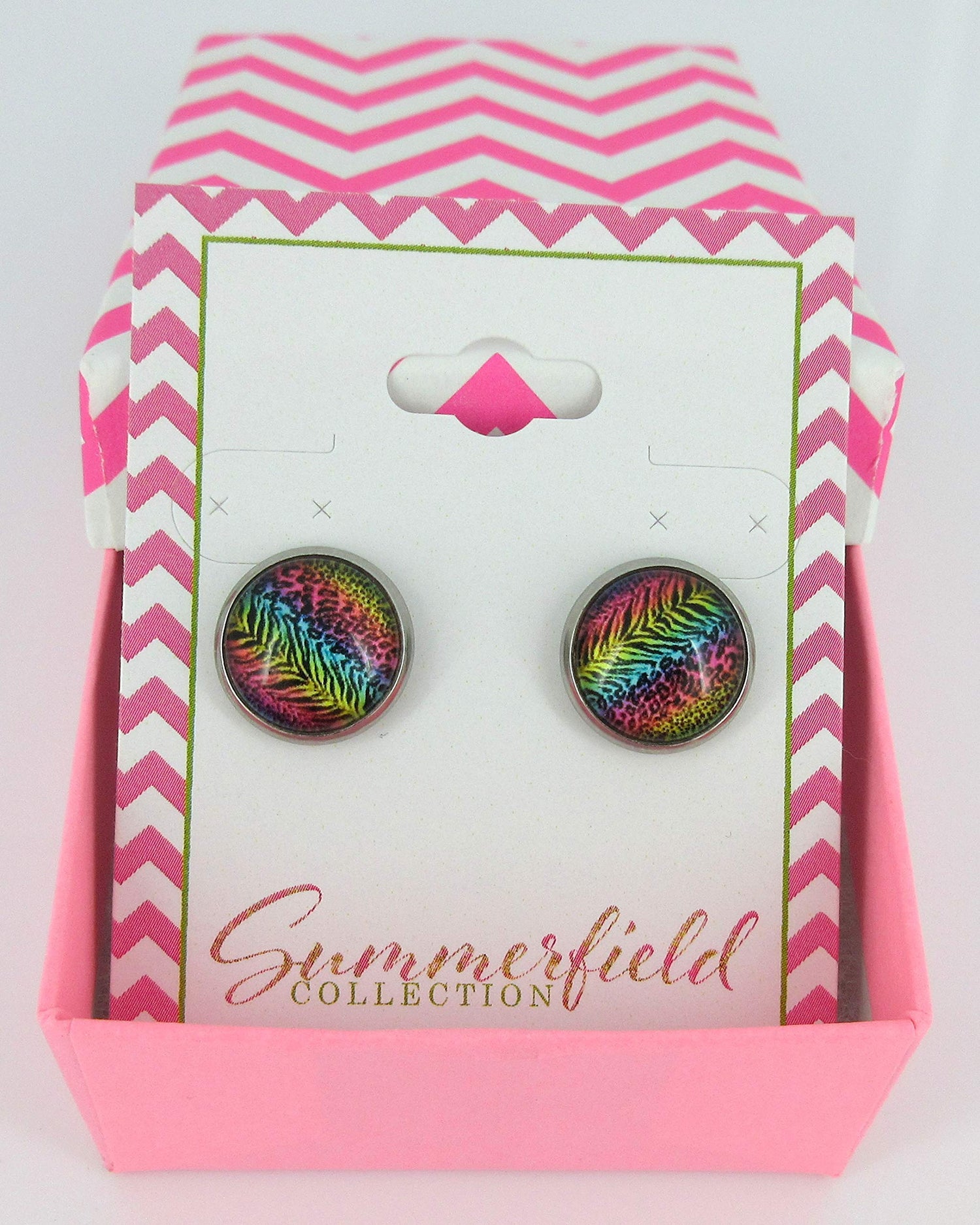 Stainless Steel Rainbow Tiger Animal Print Glass Stud Earrings 12mm