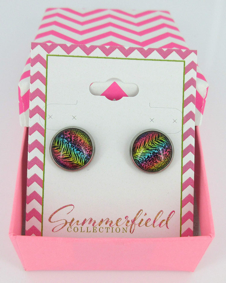 Stainless Steel Rainbow Tiger Animal Print Glass Stud Earrings 12mm
