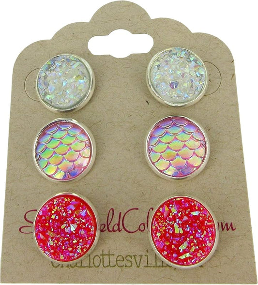 Summerfield CollectionTrio Silver-tone Stud Earrings Clear AB Red Faux Druzy Stone Mermaid Scale Set 12mm