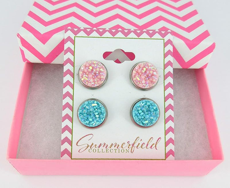Summerfield Collection Duo Stud Earrings Stainless Steel Faux Druzy Stone 12mm Set (Pink and Blue AB)