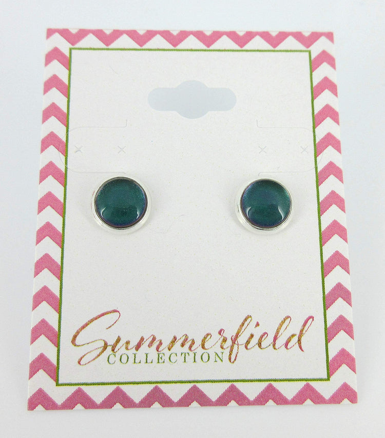 Silver-tone Dark Green Blue Color Shift Glitter Glass Stud Earrings Hand-painted 8mm
