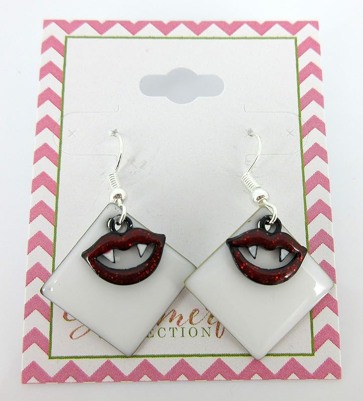 Summerfield Collection Silver-tone White Enamel Vampire Lip Charm Dangle Earrings