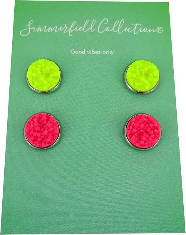 Summerfield Collection Duo Neon Stud Earrings Stainless Steel Faux Druzy Stone 12mm Set (Pink/Yellow)