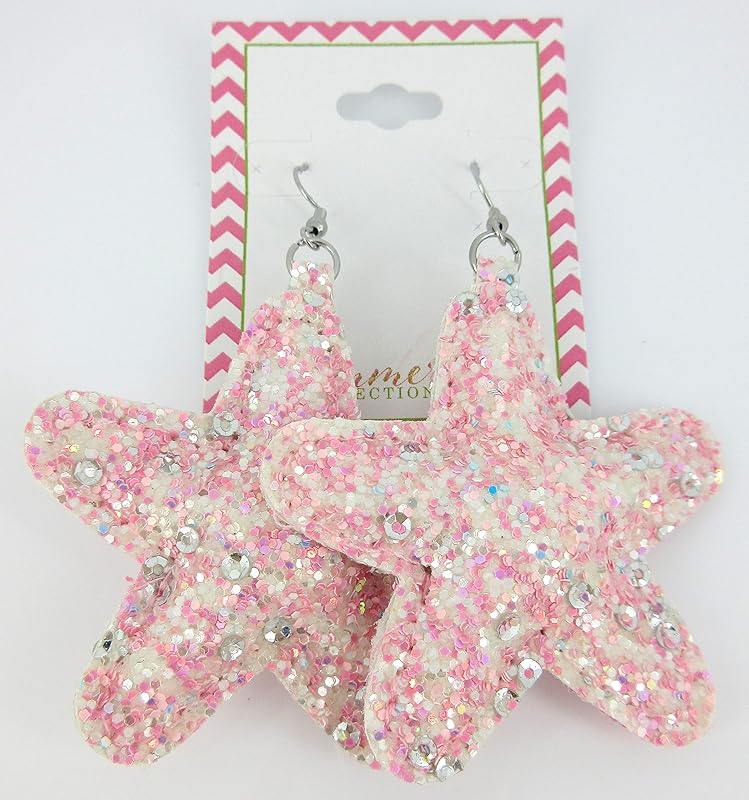 Summerfield Collection Stainless Steel Pastel Glitter Faux Leather Large Puffy Star Dangle Earrings (Medium Pink)