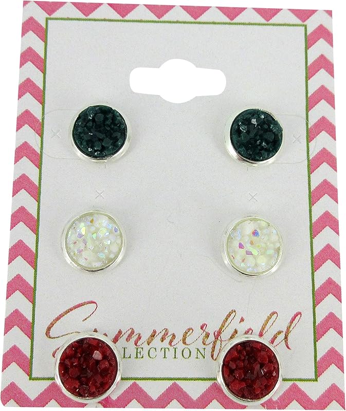 Summerfield Collection Trio Silver-tone Stud Earrings 8mm Faux Druzy Stone Set (Red/White AB/Green)