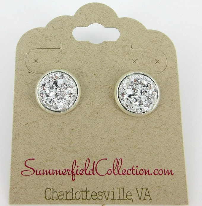 Silver-tone Metallic Faux Druzy Stone Stud Earrings 12mm (Silver)