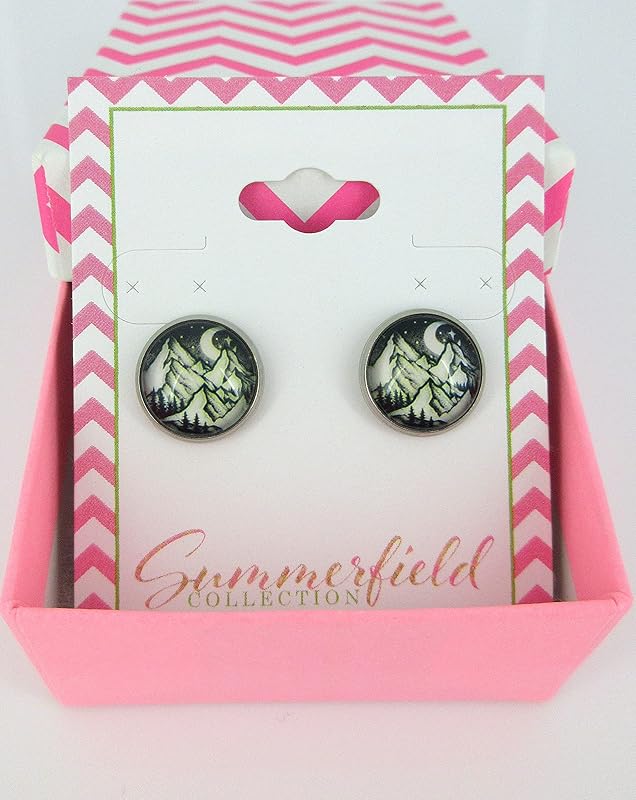 Summerfield Collection Stainless Steel Night Sky Moon Stars Snowy Mountain Print Glass Stud Earrings 12mm Black White Yellow