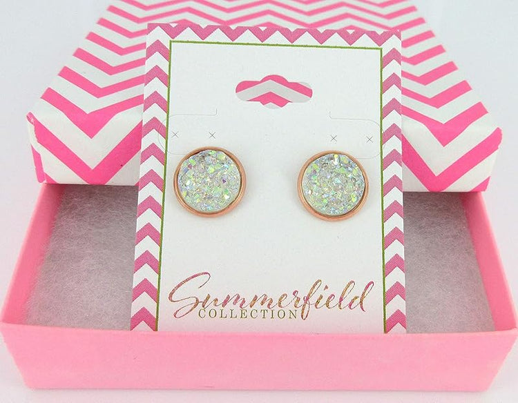 Summerfield Collection Rose Gold-tone Faux Druzy Stone Stud Earrings 12mm (Clear AB)