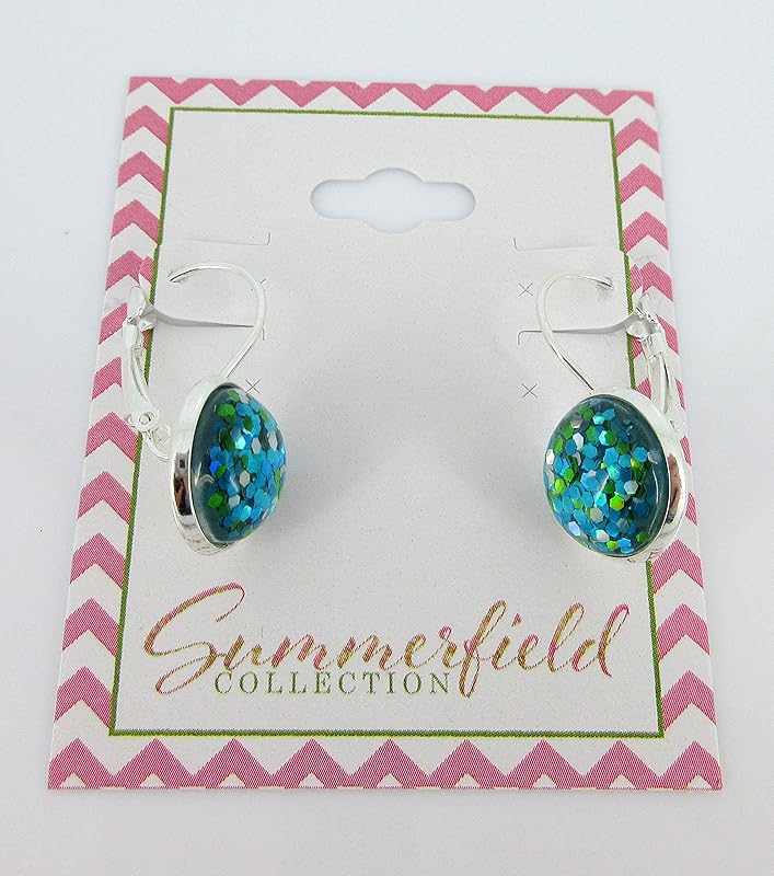 Summerfield Collection Silver-tone Metallic Glitter Resin Lever-back Drop Earrings 12mm (Blue/Green)