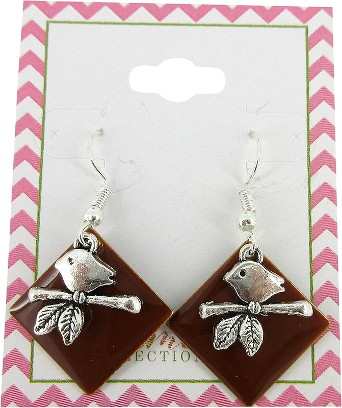 Summerfield Collection Silver-tone Brown Enamel Bird Charm Dangle Earrings