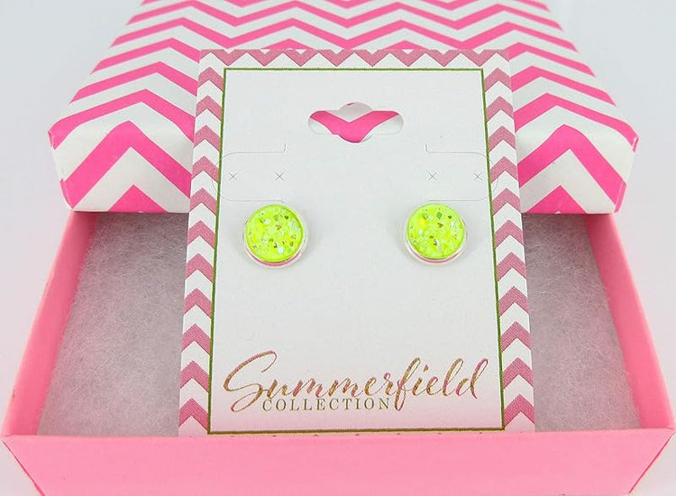 Summerfield Collection Silver-tone Neon Yellow AB Faux Druzy Stone Stud Earrings (8mm)