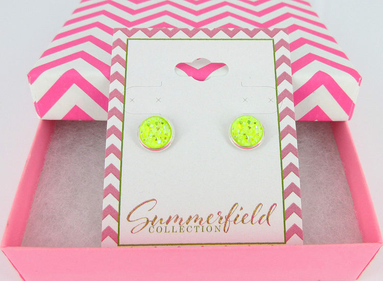 Silver-tone Neon Yellow AB Faux Druzy Stone Stud Earrings