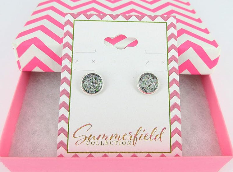 Summerfield Collection Silver-tone Green Red and Holographic Glitter Glass Stud Earrings Hand-painted 8mm