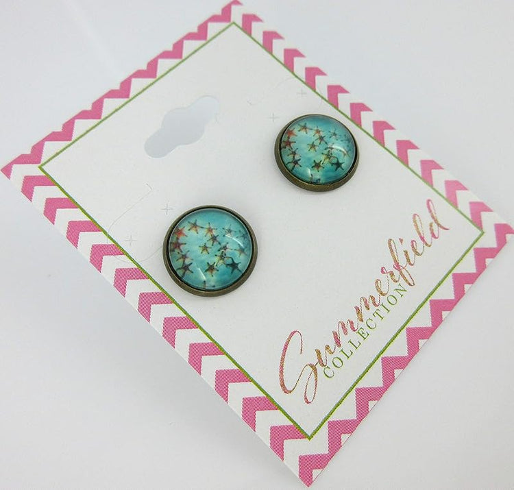 Summerfield Collection Antiqued Gold-tone Sea and Starfish Print Glass Stud Earrings 12mm