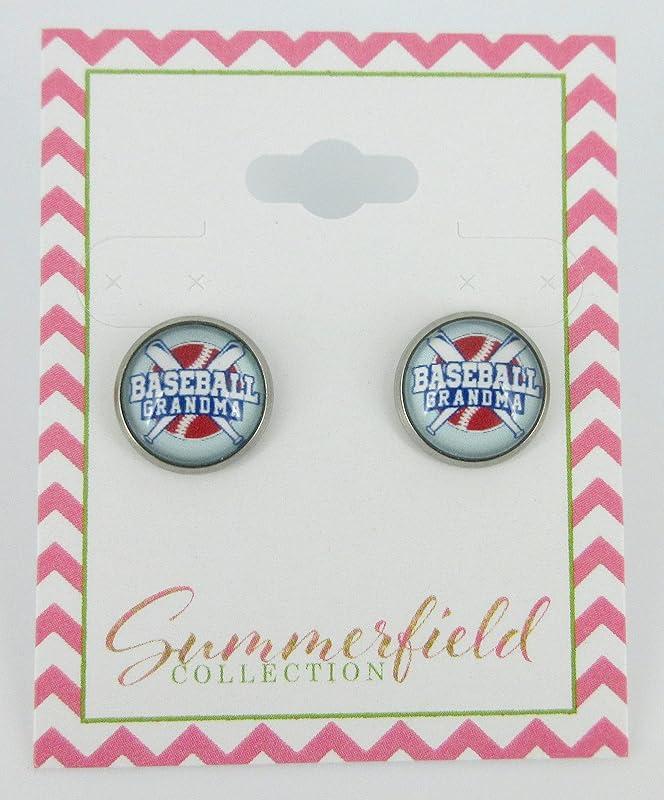 Summerfield Collection Stainless Steel Baseball Grandma Print Glass Stud Earrings 12mm